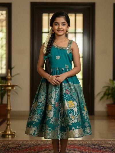 Kids Peacock Teal Jacquard Festive Gown - BONYHUBLehangas