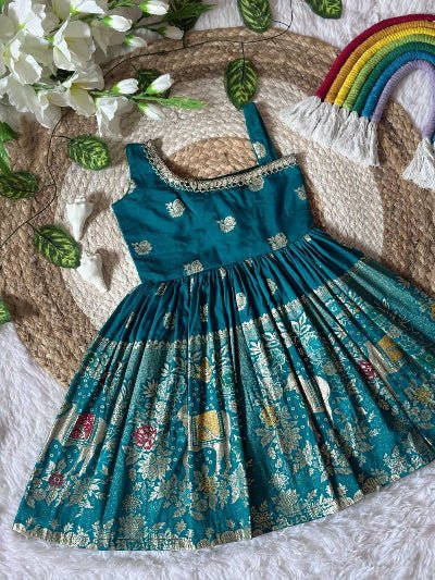 Kids Peacock Teal Jacquard Festive Gown - BONYHUBLehangas