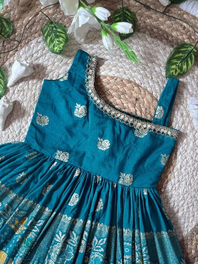Kids Peacock Teal Jacquard Festive Gown - BONYHUBLehangas