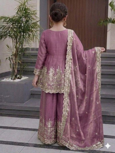 Kids Pink Embroidered Suit | 3 Piece Peplum Palazzo Festive Outfit - BONYHUBLehangas