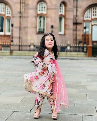 Kids Pink Floral Georgette Digital Print Dhoti Salwar Suit - BONYHUBClothing