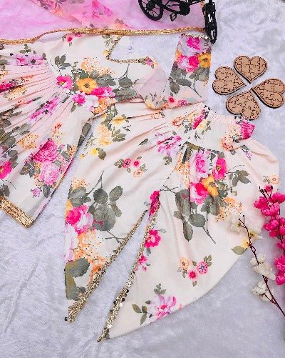 Kids Pink Floral Georgette Digital Print Dhoti Salwar Suit - BONYHUBClothing