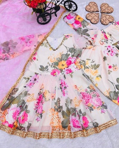 Kids Pink Floral Georgette Digital Print Dhoti Salwar Suit - BONYHUBClothing