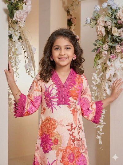 Kids Pink Floral Print Kurta | Lace Trim Festive Dress - BONYHUBLehangas