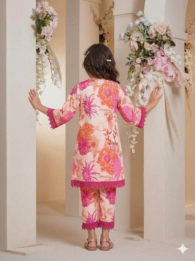 Kids Pink Floral Print Kurta | Lace Trim Festive Dress - BONYHUBLehangas