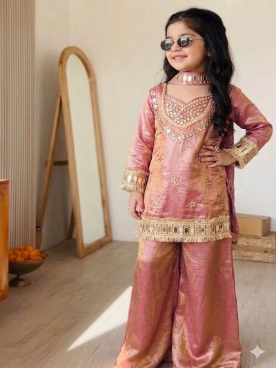 Kids Pink Gold Mirror Work Suit | 3 Piece Embroidered Festive Outfit - BONYHUBLehangas
