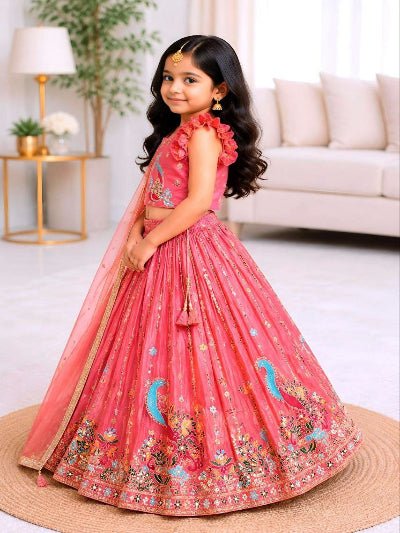 Kids Pink Lehenga Choli | Silk Embroidered Festive Indian Outfit - BONYHUBLehangas