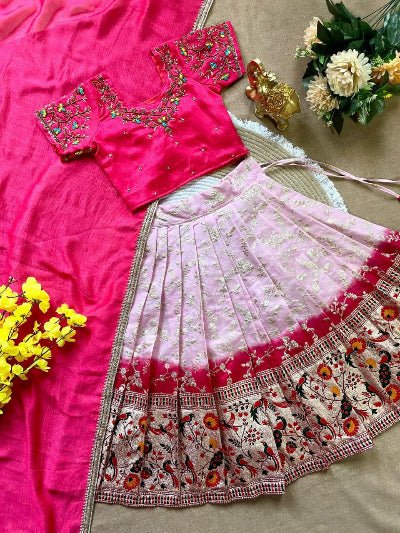 Kids Pink Vichitra Silk Ethnic Lehenga Choli Set - BONYHUBLehangas