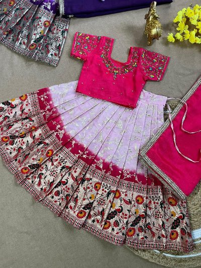 Kids Pink Vichitra Silk Ethnic Lehenga Choli Set - BONYHUBLehangas