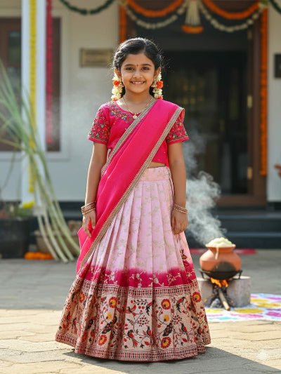 Kids Pink Vichitra Silk Ethnic Lehenga Choli Set - BONYHUBLehangas