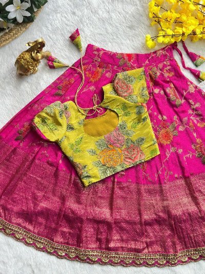 Kids Pink &amp; Yellow Silk Floral Lehenga Blouse Set - BONYHUBLehangas