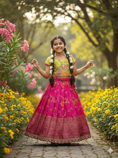 Kids Pink &amp; Yellow Silk Floral Lehenga Blouse Set - BONYHUBLehangas