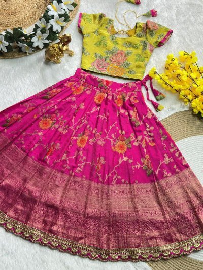 Kids Pink &amp; Yellow Silk Floral Lehenga Blouse Set - BONYHUBLehangas