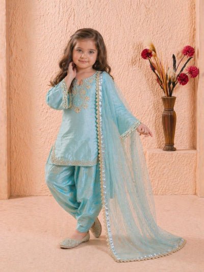 Kids Powder Blue Patiala Suit | 3 Piece Embroidered Festive Outfit - BONYHUBLehangas