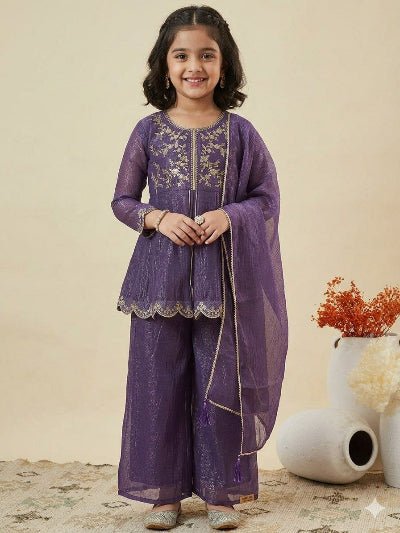 Kids Purple Crunchy Silk Embroidered Palazzo Dupatta Set - BONYHUBLehangas