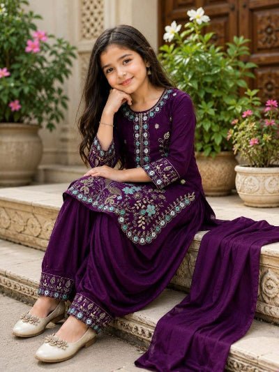 Kids Purple Embroidered Kurta Patiyala Dupatta Set - BONYHUBLehangas
