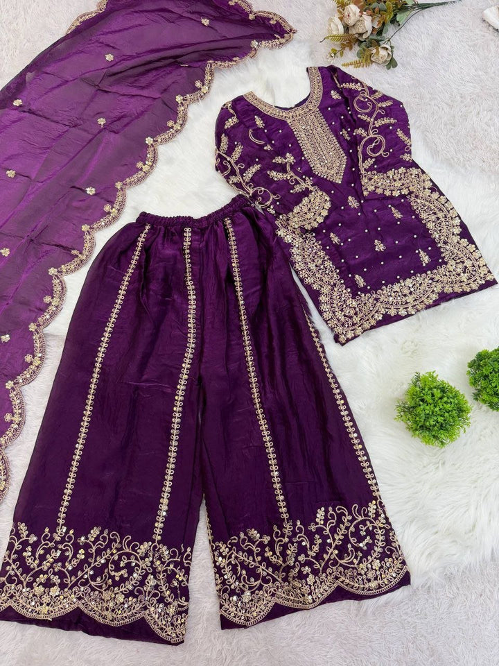 Kids Purple Embroidered Sharara Suit | 3 Piece Festive Outfit - BONYHUBLehangas