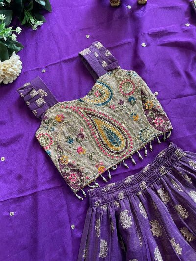 Kids Purple Gold Paisley Lehenga Choli | Festive Indian Outfit - BONYHUBLehangas