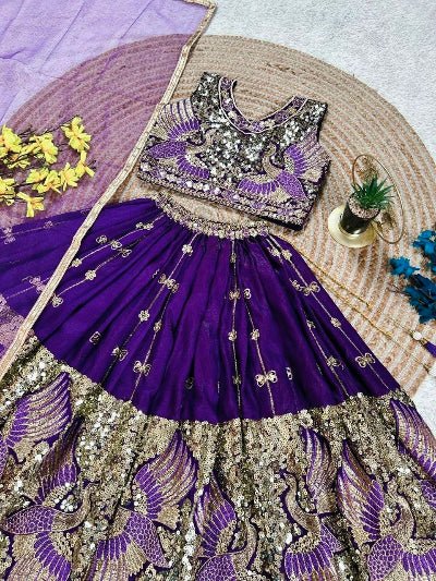 Kids Purple Gold Silk Lehenga Embroidered Blouse Dupatta Set - BONYHUBLehangas