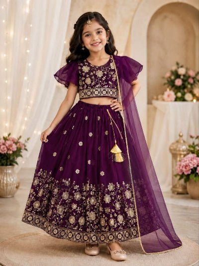 Kids Purple Lehenga Choli | Gold Floral Embroidered Festive Outfit - BONYHUBLehangas