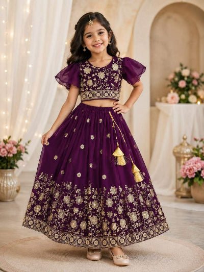 Kids Purple Lehenga Choli | Gold Floral Embroidered Festive Outfit - BONYHUBLehangas