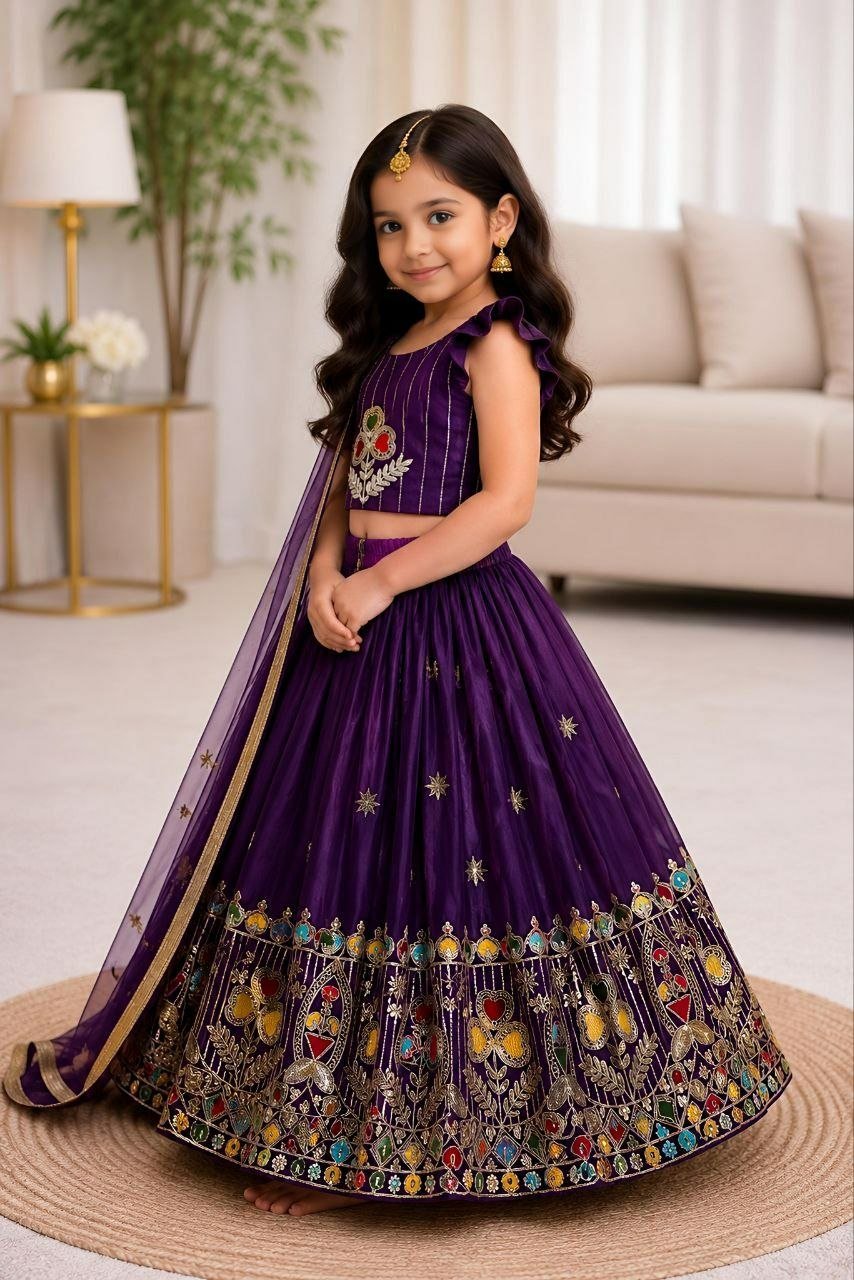 Kids Purple Lehenga Choli | Silk Embroidered Festive Indian Outfit - BONYHUBLehangas