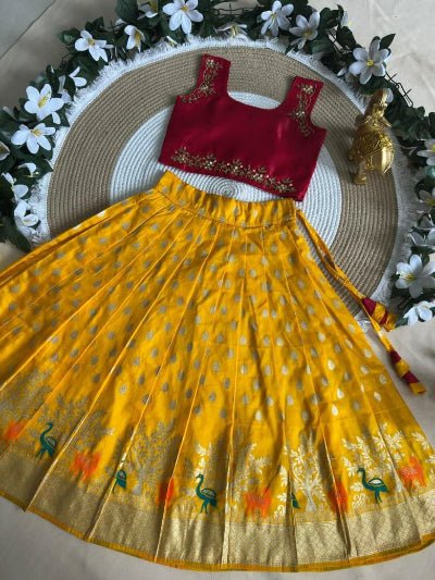 Kids Red Yellow Banarasi Lehenga Choli | Traditional Festive Outfit - BONYHUBLehangas