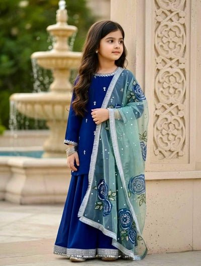 Kids Royal Blue Velvet Designer Sharara Suit UK Next Day - BONYHUBClothing