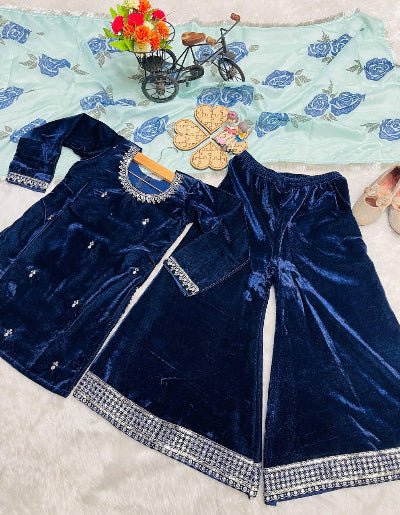 Kids Royal Blue Velvet Designer Sharara Suit UK Next Day - BONYHUBClothing