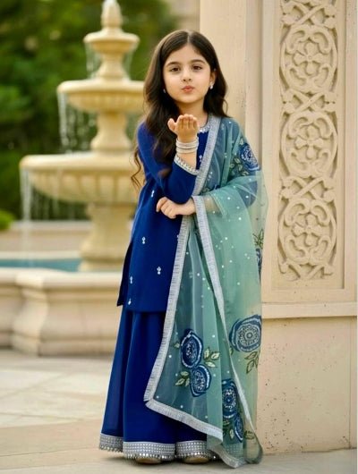 Kids Royal Blue Velvet Designer Sharara Suit UK Next Day - BONYHUBClothing