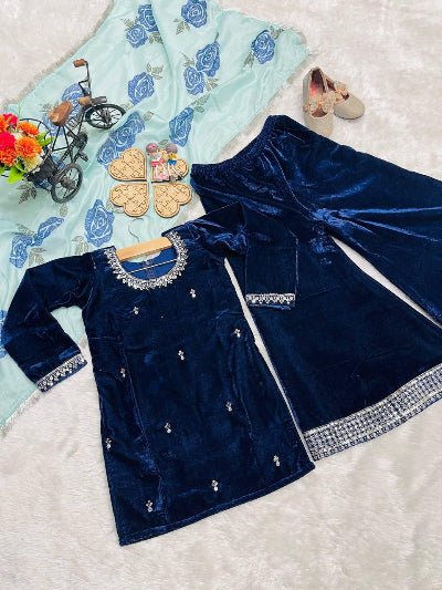Kids Royal Blue Velvet Designer Sharara Suit UK Next Day - BONYHUBClothing