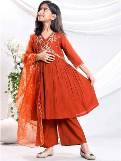 Kids Rust Embroidered Salwar Suit with Organza Dupatta - BONYHUBClothing