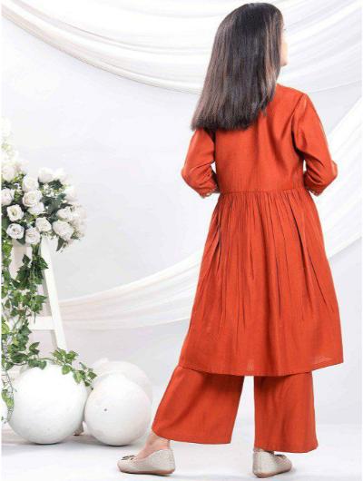 Kids Rust Embroidered Salwar Suit with Organza Dupatta - BONYHUBClothing