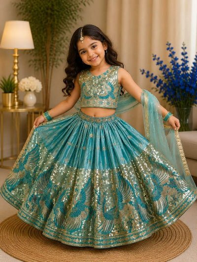 Kids Sky Blue Gold Silk Lehenga Embroidered Blouse Dupatta Set - BONYHUBLehangas