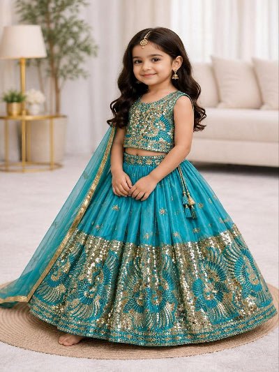 Kids Sky Blue Gold Silk Lehenga Embroidered Blouse Dupatta Set - BONYHUBLehangas