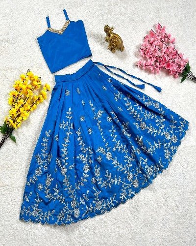 Kids Taffeta Silk Blue Lehenga Choli Koti Set UK Next Day - BONYHUBClothing