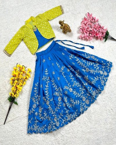 Kids Taffeta Silk Blue Lehenga Choli Koti Set UK Next Day - BONYHUBClothing