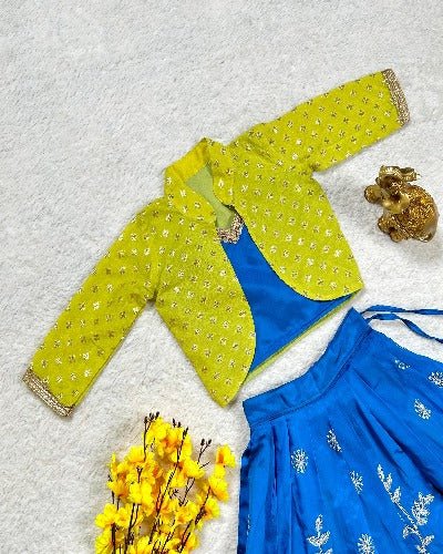 Kids Taffeta Silk Blue Lehenga Choli Koti Set UK Next Day - BONYHUBClothing