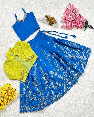 Kids Taffeta Silk Blue Lehenga Choli Koti Set UK Next Day - BONYHUBClothing