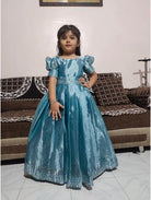 Kids Teal Blue Silk Embroidered Gown with Swarovski Work - BONYHUB