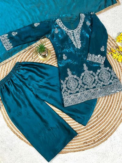 Kids Teal Silk Kurta Embroidered Palazzo Dupatta Set - BONYHUBLehangas
