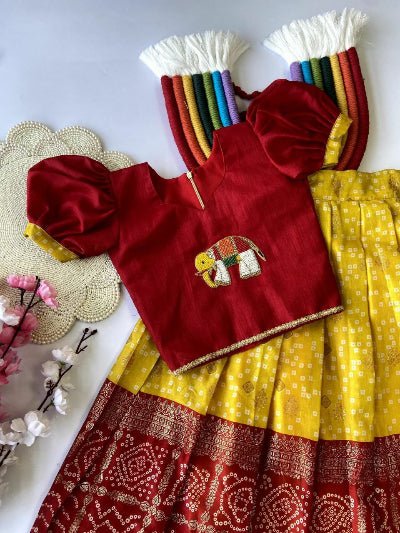 Kids Traditional Dola Silk Bandhani Skirt Blouse - BONYHUBLehangas