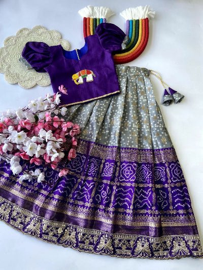 Kids Traditional Dola Silk Bandhani Skirt Blouse - BONYHUBLehangas