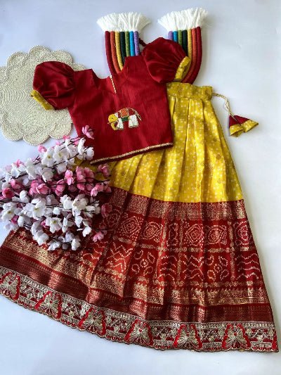 Kids Traditional Dola Silk Bandhani Skirt Blouse - BONYHUBLehangas