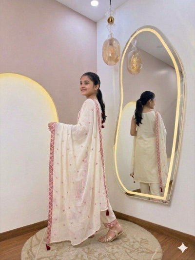 Kids White Embroidered Suit | 3 Piece Festive Salwar Kameez - BONYHUBLehangas