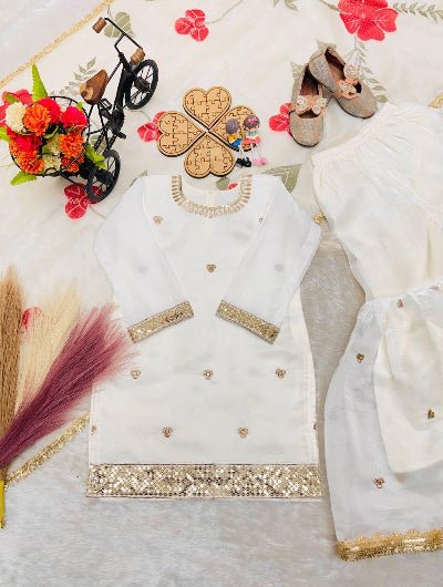 Kids White Embroidery Work Floral Sharara Suit UK Next Day - BONYHUBClothing