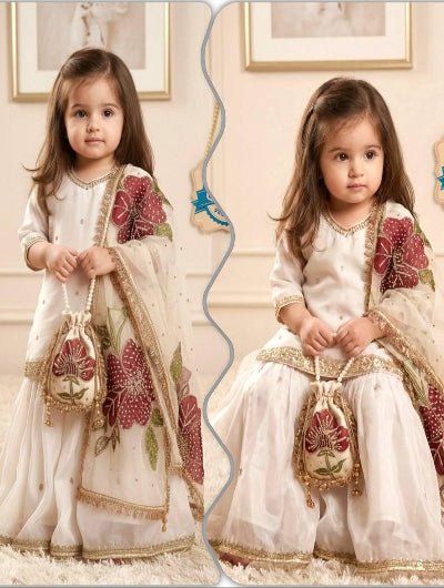 Kids White Embroidery Work Floral Sharara Suit UK Next Day - BONYHUBClothing