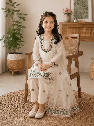 Kids White Floral Embroidered Suit | 3 Piece Festive Outfit - BONYHUBLehangas