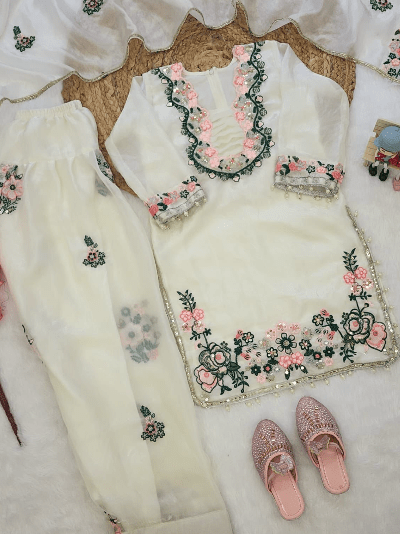 Kids White Floral Embroidered Suit | 3 Piece Festive Outfit - BONYHUBLehangas