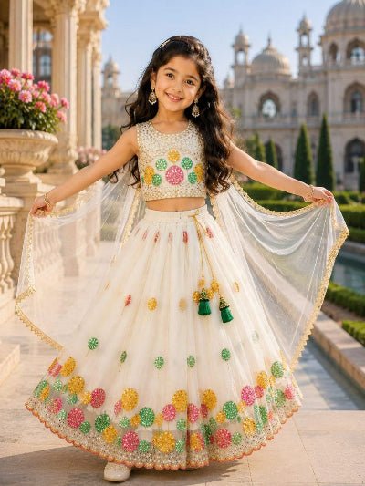 Kids White Lehenga Choli | Embroidered Festive Outfit - BONYHUBLehangas